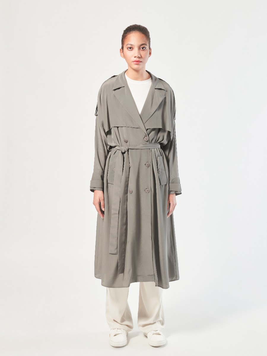 Mantel Helene Galwas | Feline - Trenchcoat Aus Seide Olive